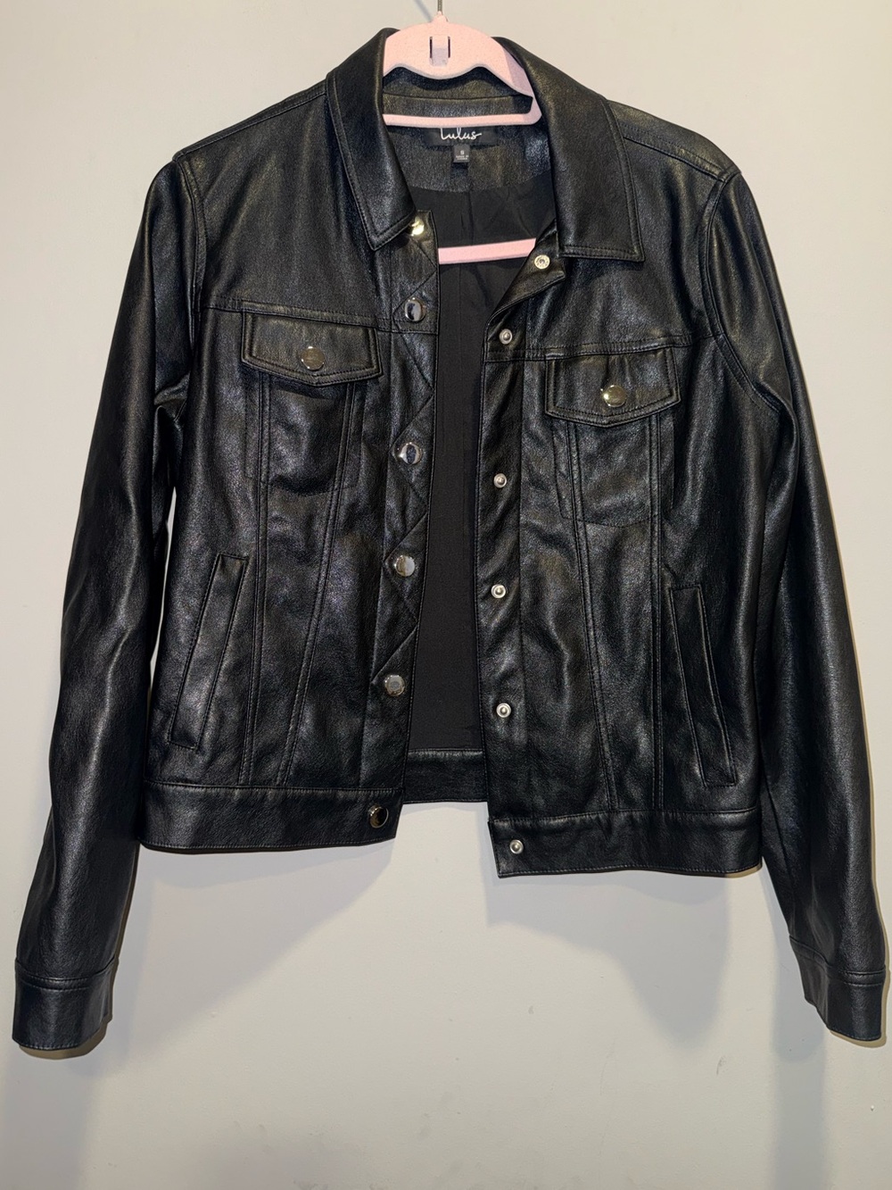 Lulu's Black Faux Leather Trucker Jacket with Snap Front